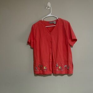 Jane Ashley Red Button-Up Top with Nautical Embroidery